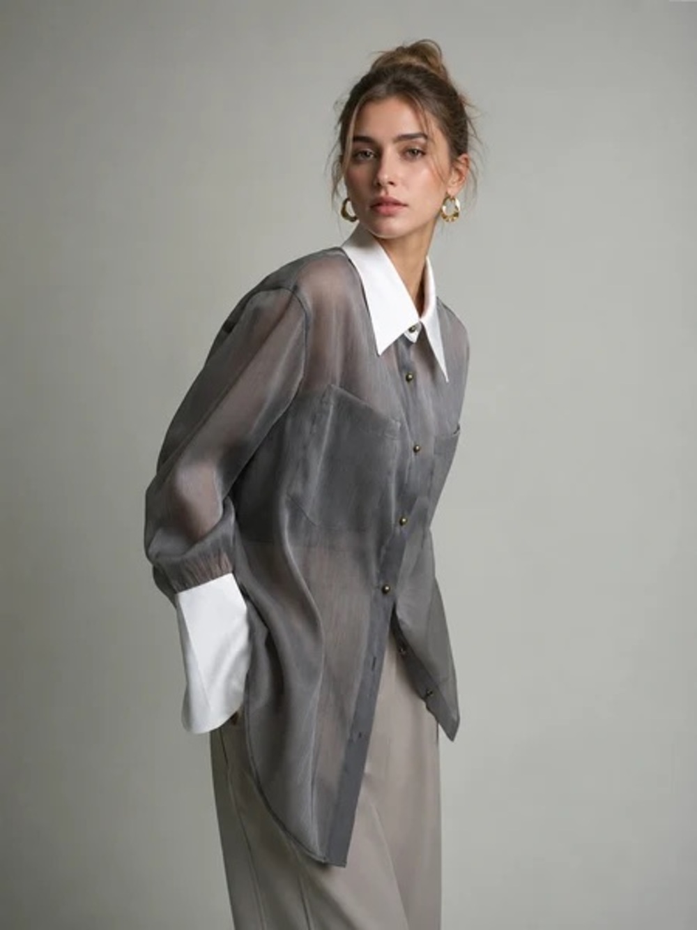 Commense Sheer Gray Longline Shirt with White Collar & Cuffs size large